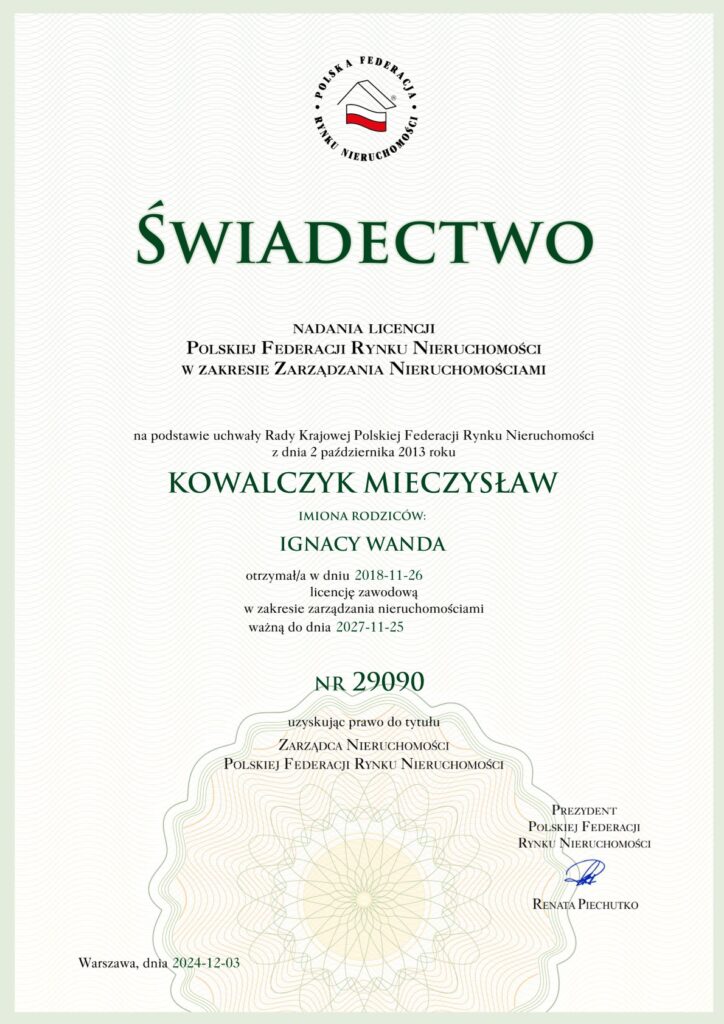 Świadectwo Licencji PFRN nr 29090